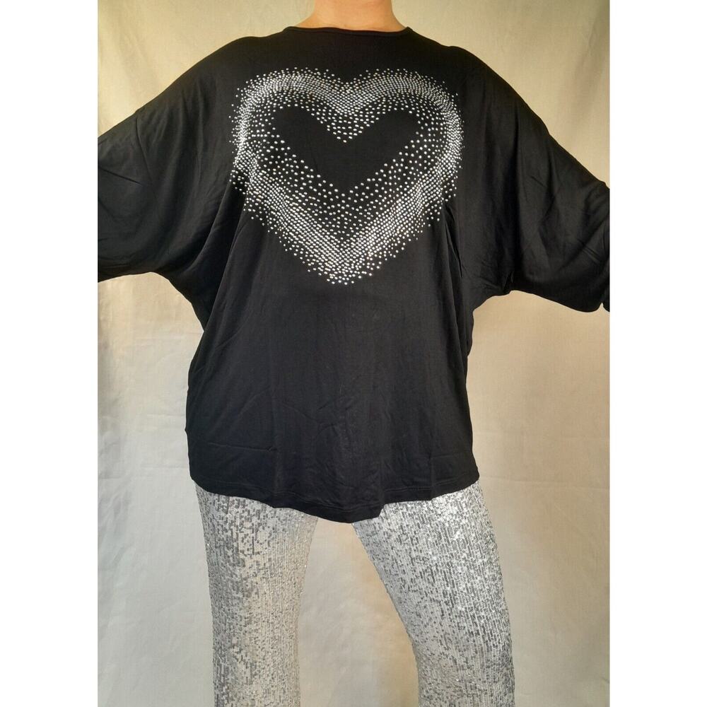 Venus Embellished Heart Black Shirt Top Long Sleeved Oversized Ladies Size L
